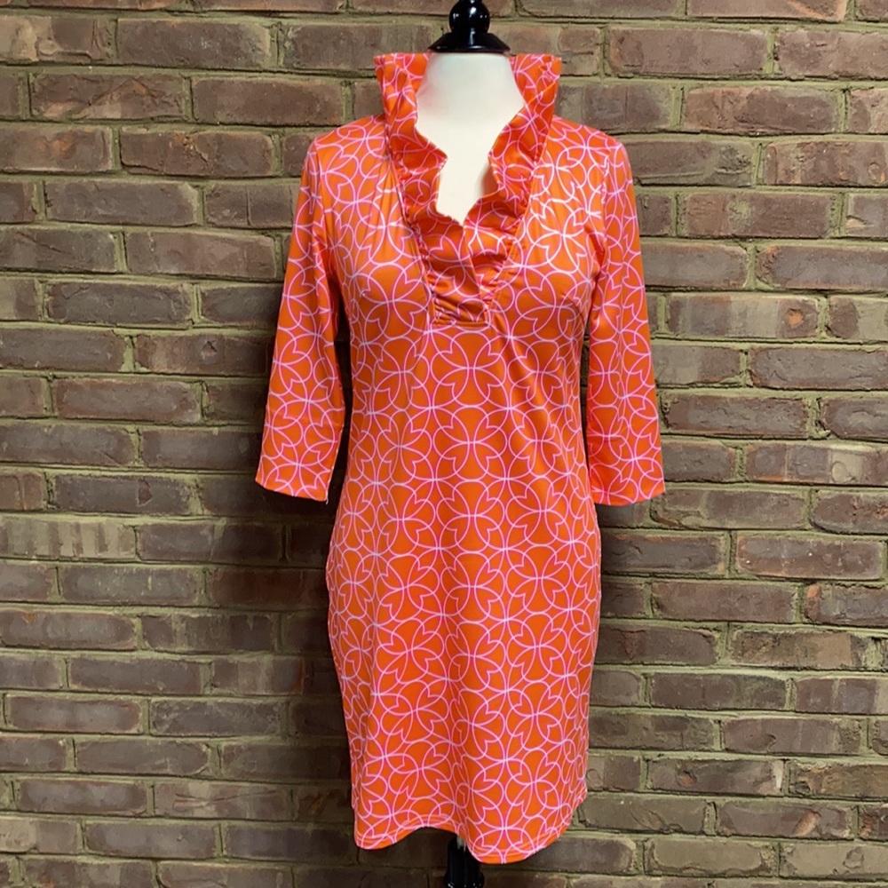 Gretchen Scott Orange/Pink Ruffle Neck Dress